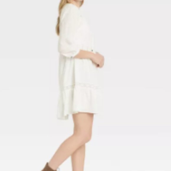 Women Boho Dress Long Sleeve Peasant Shift Ivory L - Picture 5 of 6